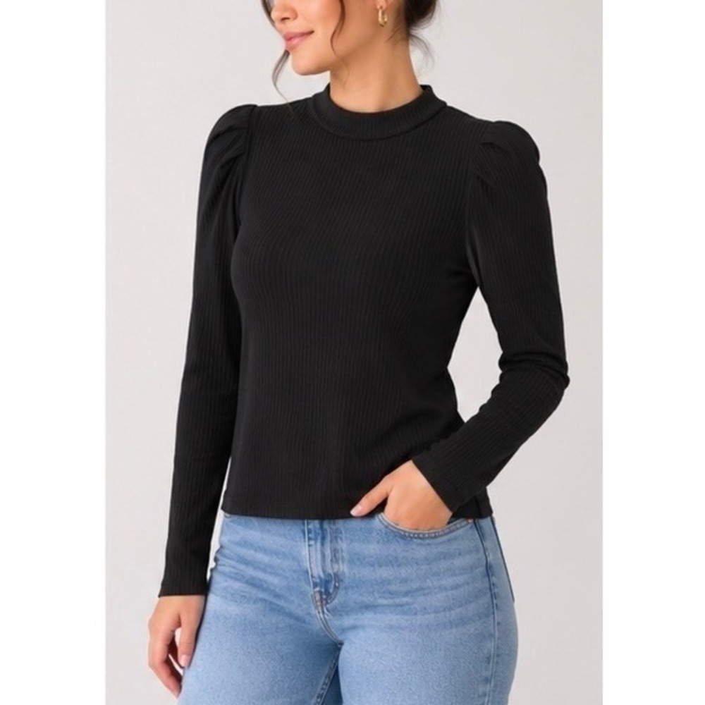 Black Ribbed Mock Neck Puff Shoulder Long Sleeve Top Blouse Size-M